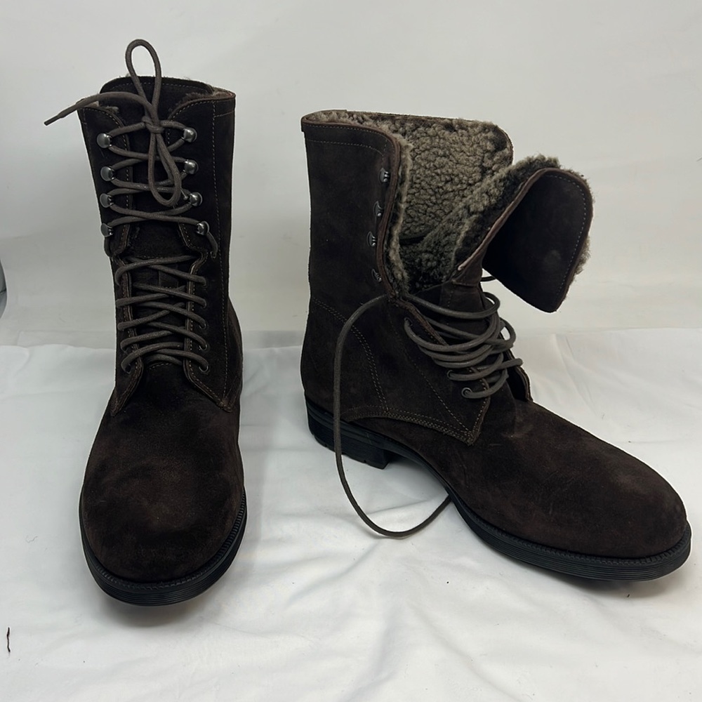 Men’s Sz 9.5 Brown Suede Full Fur Lined Lace Up Lug Boots